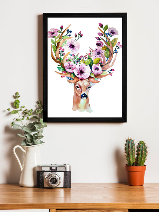 Beautiful Swamp Deer With Floral Theme Framed Art Print, For Wall