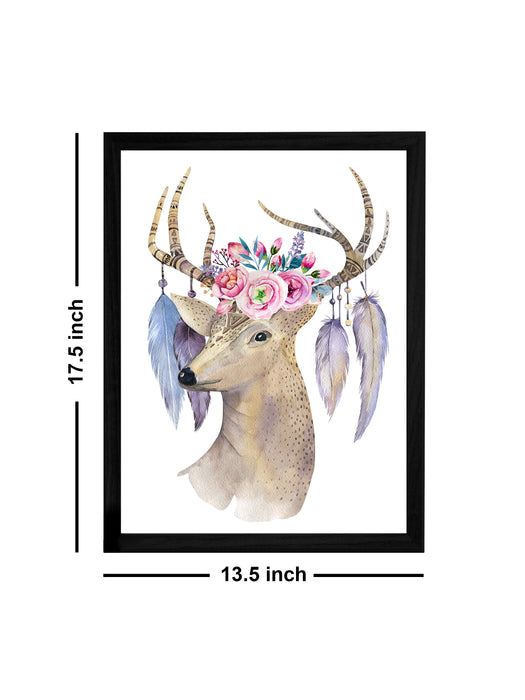 Beautiful Swamp Deer With Floral Theme Framed Art Print, For Wall Decor Size - 13.5 x 17.5 Inch