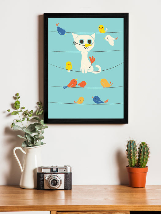 Beautiful Cartoon Cat With Birds Theme Framed Art Print, For Wall Decor Size - 13.5 x 17.5 Inch