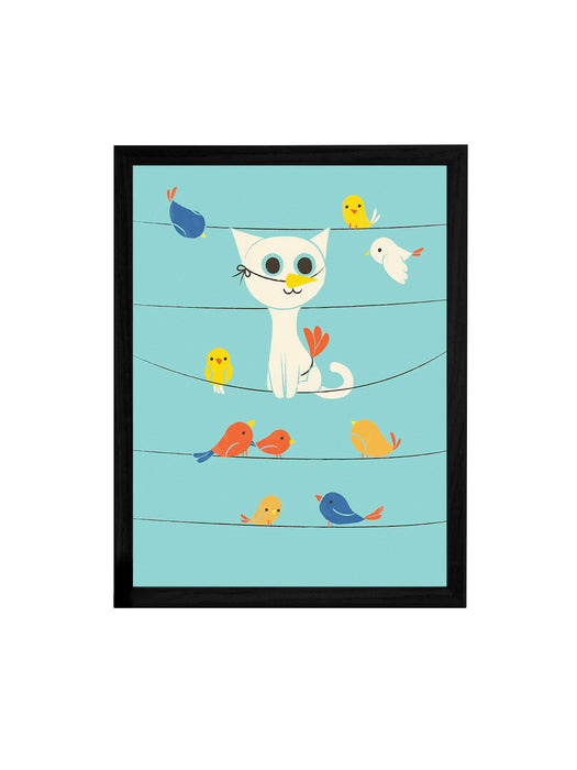 Beautiful Cartoon Cat With Birds Theme Framed Art Print, For Wall Decor Size - 13.5 x 17.5 Inch