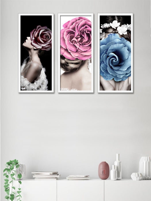 Floral Theme Framed Painting, 3 Framed Art Prints for Living Room (Size - 47 inch x 22 inch )