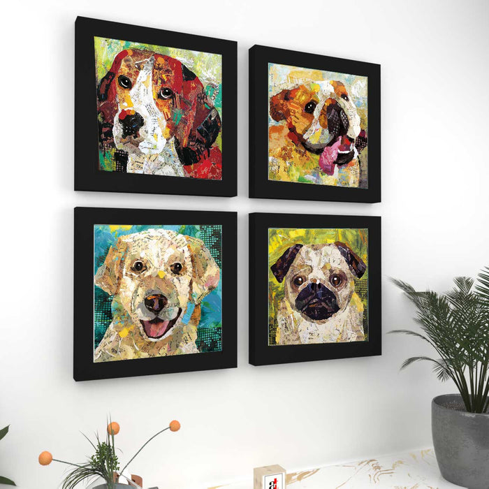 Artistic Dogs Framed Painting / Posters for Room Decoration , Set of 4 Black Frame Art Prints (9"*9") Posters for Living Room