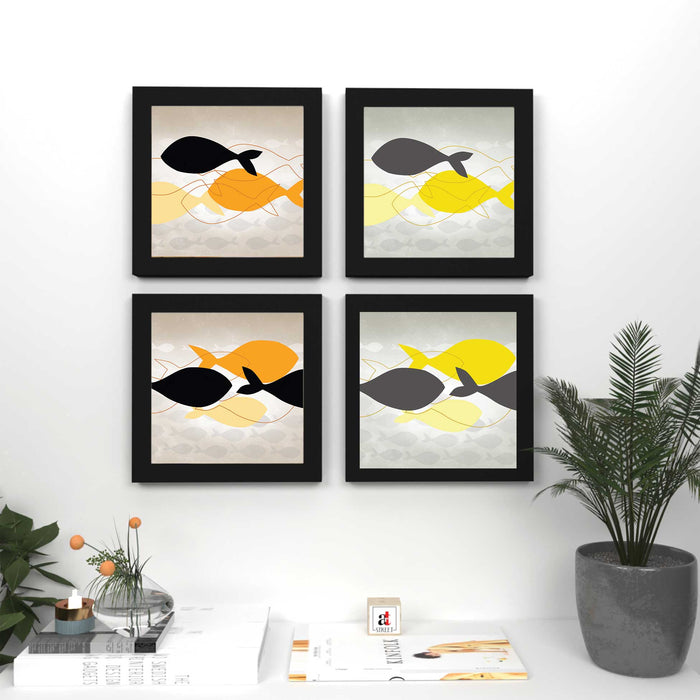 Abstract Fish Multicolor Framed Painting / Posters for Room Decoration , Set of 4 Black Frame Art Prints (9"*9")for Living Room