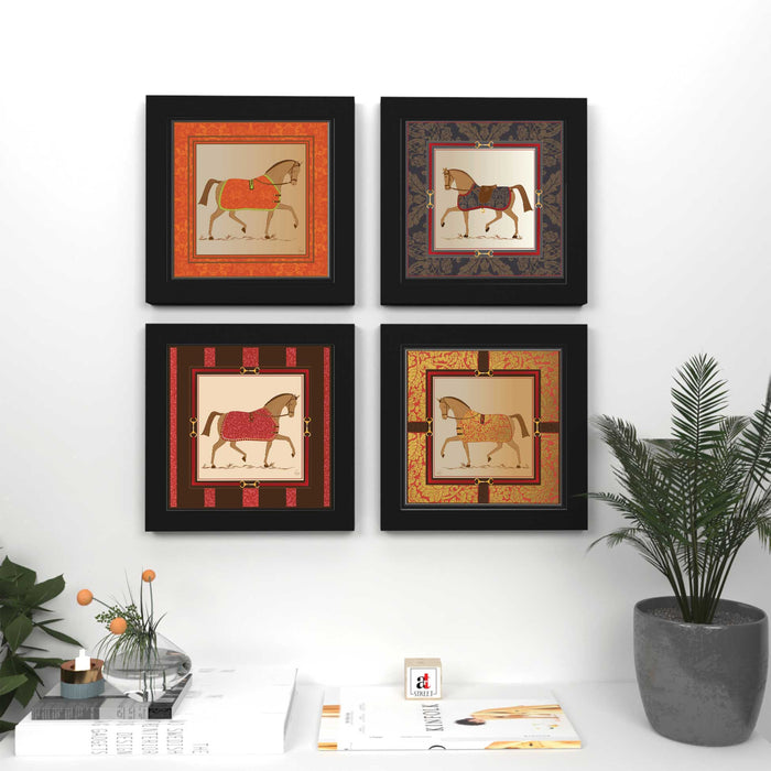 Set of 4 Framed Poster Art Print - Horse Theme-Multicolored, Art Print for Living Room (9x9 Inchs)