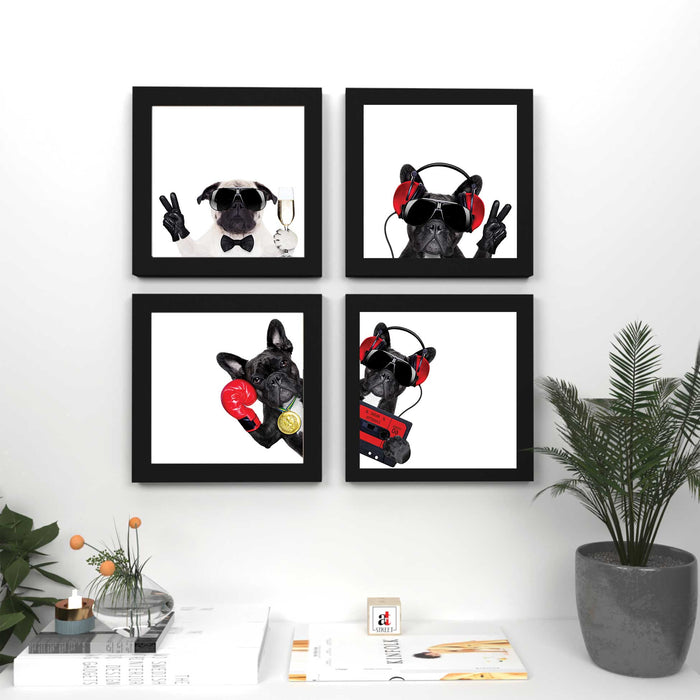 Rocking Dogs Framed Painting / Posters for Room Decoration , Set of 4 Black Frame Art Prints / Posters for Living Room