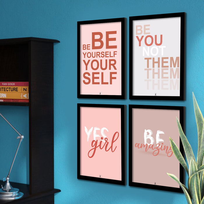Set of 4 BE YOURSELF Motivational Framed Poster Black Framed Art Print 17.5 inch x 13 inch Painting