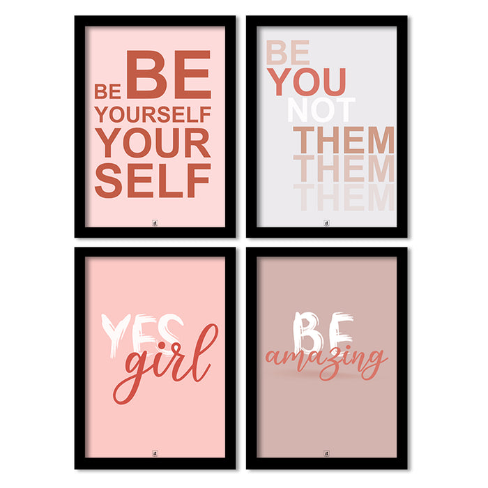 Set of 4 BE YOURSELF Motivational Framed Poster Black Framed Art Print 17.5 inch x 13 inch Painting
