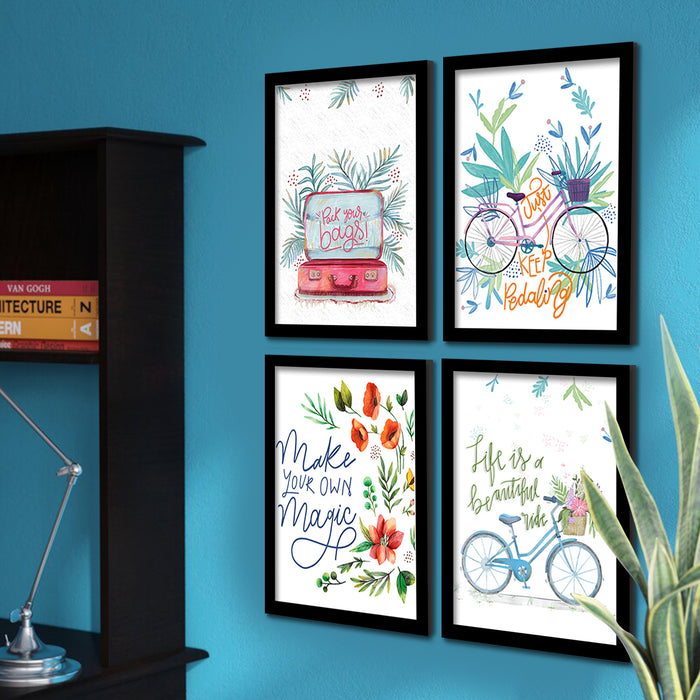 Set of 4 Travel Motivation Framed Posters  A3 Size, Life is a Beautiful Ride Travel Quotes Art Print For Home Decoration