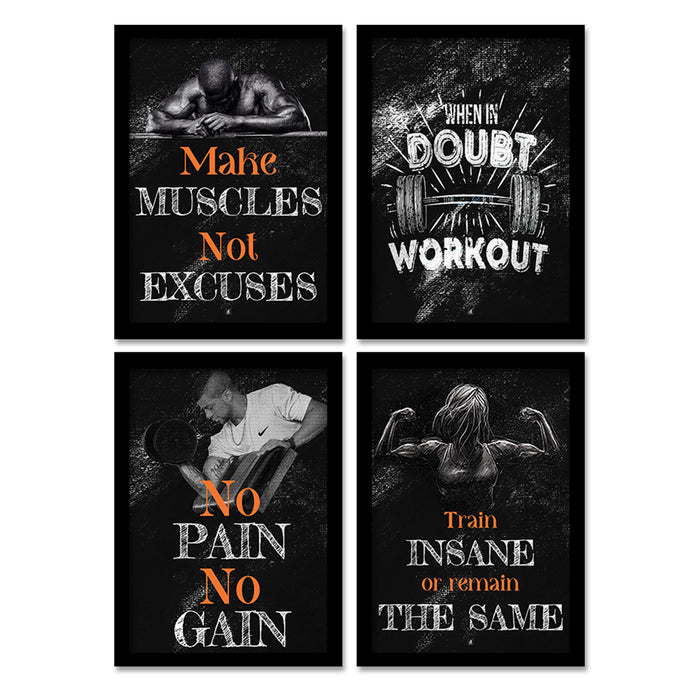 Motivation Framed Posters NO PAIN NO GAIN Workout Gym Theme Set of 4 A3 Size Art Print Poster For Gym