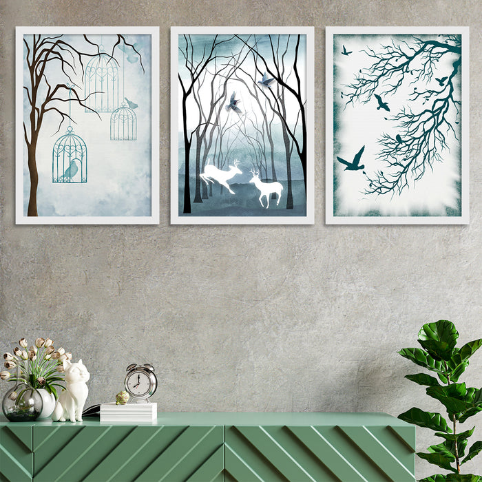 Set of 3 Abstract Theme white & light blue color Art Print  Size;-12x16Inch.