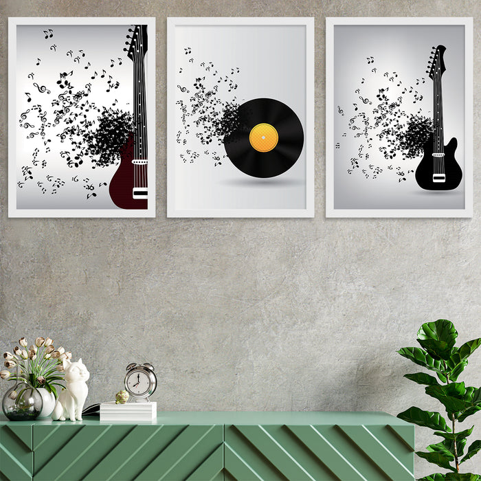 Set of 3 Musical Theme Black & White Wall Art Print Size;-12x16Inch