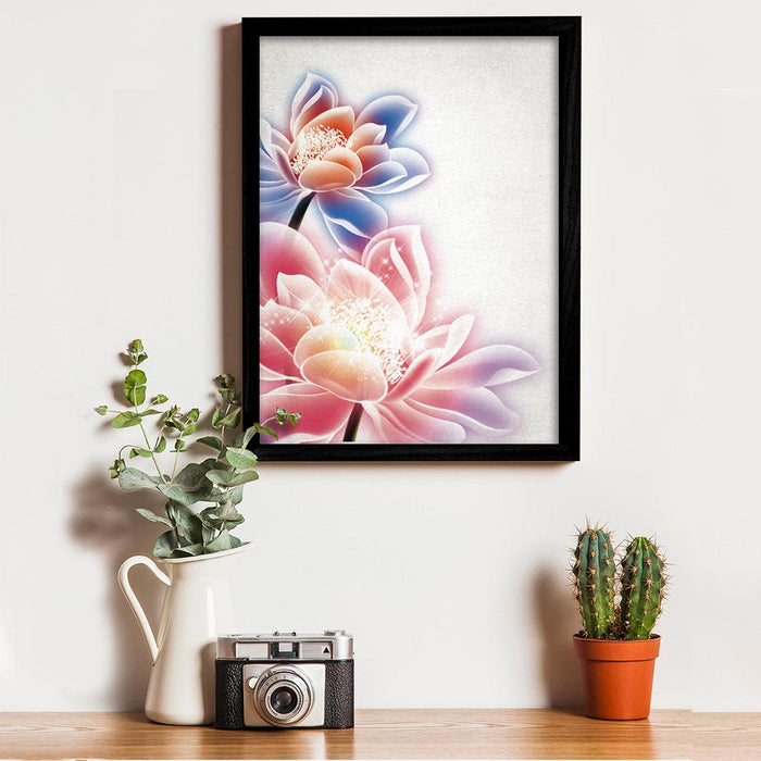 Floral Theme Lotus Blue & Pink Flower Framed Poster Black Frame Art Prints For Living Room, Office & Home Decor  Painting Size;-A3
