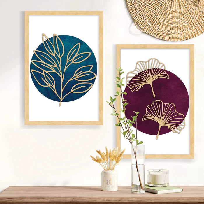 Set of 2 Art Prints for Wall Décor Blue and Violet Boho MDF Embosed 3D Framed Wall Art Print for Home Living Room Decoration (Size - 17.9 x 27.4 Inch)