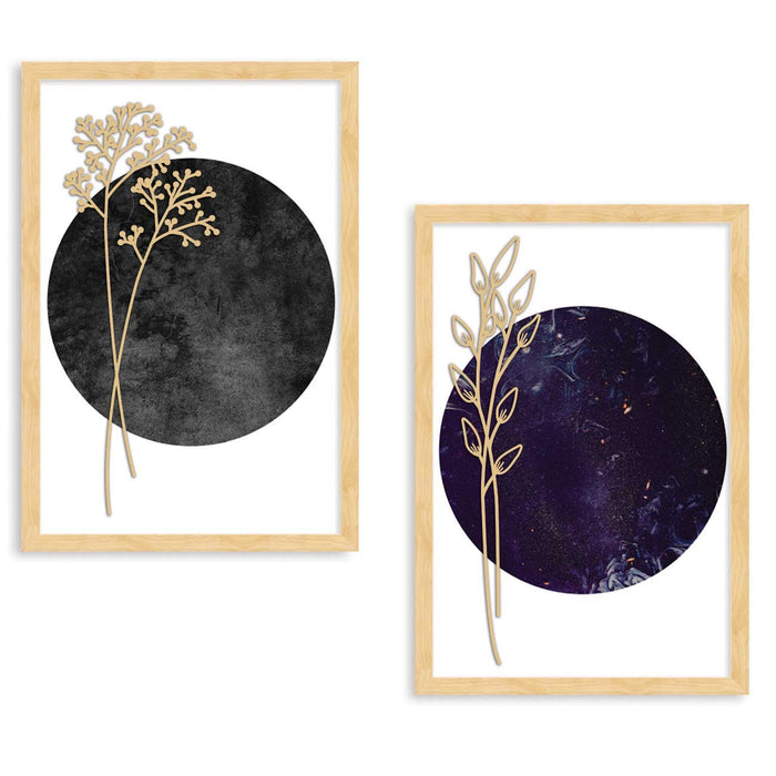 Set of 2 Art Prints for Wall Décor Black and Blue Boho MDF Embosed 3D Framed Wall Art Print for Home Living Room Decoration (Size - 17.9 x 27.4 Inch)