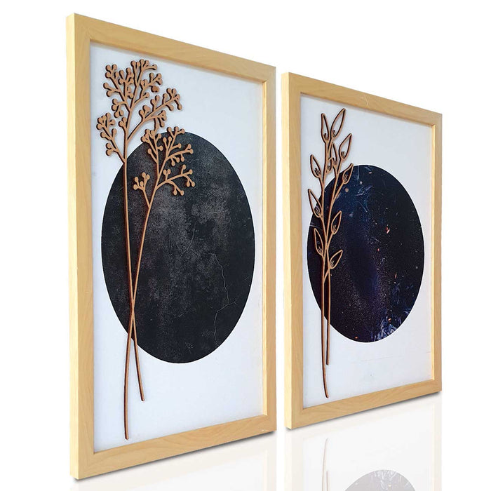Set of 2 Art Prints for Wall Décor Black and Blue Boho MDF Embosed 3D Framed Wall Art Print for Home Living Room Decoration (Size - 17.9 x 27.4 Inch)