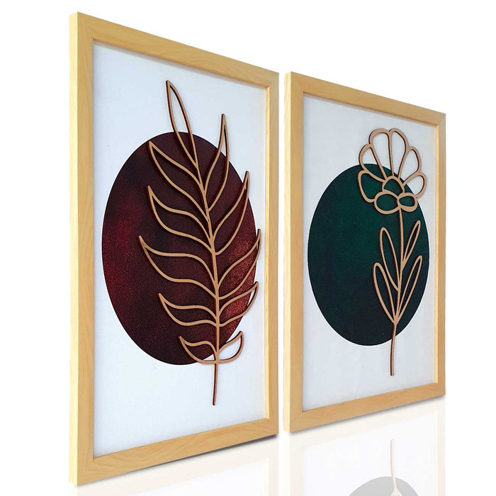 Set of 2 Art Prints for Wall Décor Brown and Green Boho MDF Embosed 3D Framed Wall Art Print for Home Living Room Decoration (Size - 17.9 x 27.4 Inch)