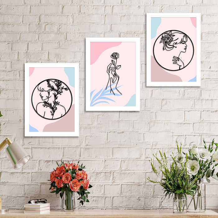 Set of 3 Art Prints for Wall Décor Boho MDF Embosed 3D Framed Modern Lady Wall Art Print for Home and Living Room Decoration (Color - Pink, Size - 13.1 x 9.1 Inchs)