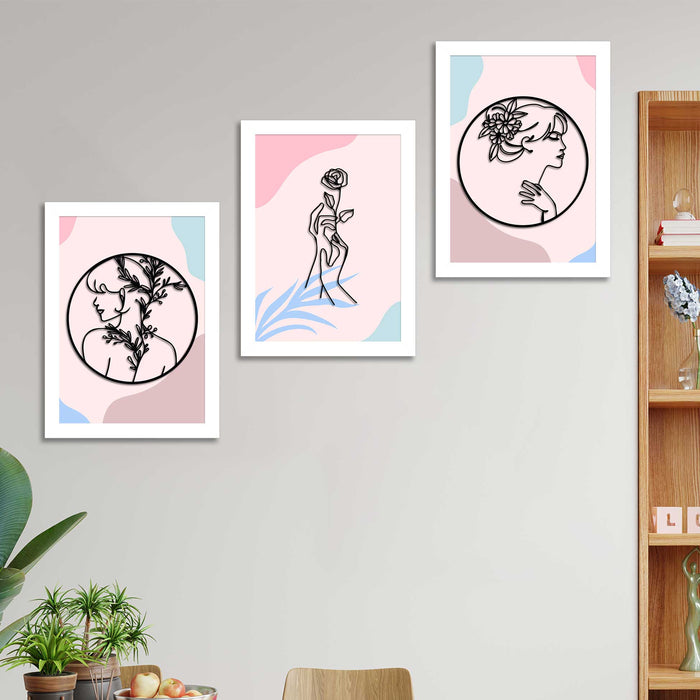Set of 3 Art Prints for Wall Décor Boho MDF Embosed 3D Framed Modern Lady Wall Art Print for Home and Living Room Decoration (Color - Pink, Size - 13.1 x 9.1 Inchs)