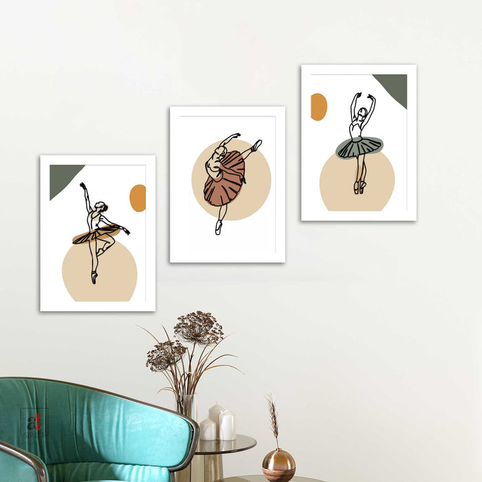 Set of 3 Art Prints for Wall Décor Boho MDF Embosed 3D Framed Dancing Lady Wall Art Print for Home and Living Room Decoration (Color - Beige, Size - 13.1 x 9.1 Inchs)