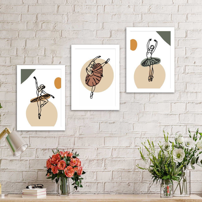 Set of 3 Art Prints for Wall Décor Boho MDF Embosed 3D Framed Dancing Lady Wall Art Print for Home and Living Room Decoration (Color - Beige, Size - 13.1 x 9.1 Inchs)