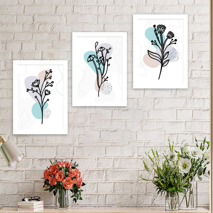 Set of 3 Art Prints for Wall Décor Boho MDF Embosed 3D Framed Floral T — ART  STREET