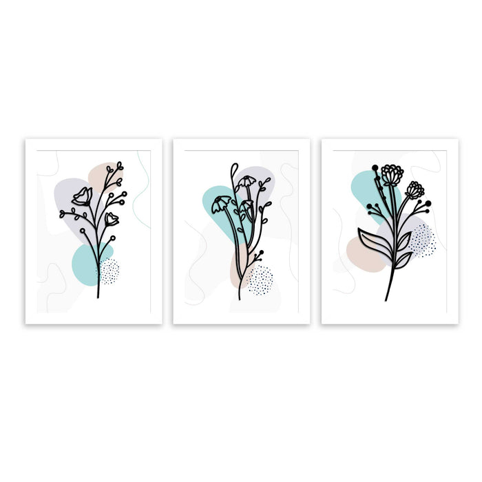 Set of 3 Art Prints for Wall Décor Boho MDF Embosed 3D Framed Floral Theme Wall Art Print for Home and Living Room Decoration (Color - Blue, Size - 13.1 x 9.1 Inchs)