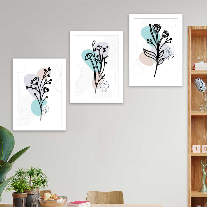 Set of 3 Art Prints for Wall Décor Boho MDF Embosed 3D Framed Floral Theme Wall Art Print for Home and Living Room Decoration (Color - Blue, Size - 13.1 x 9.1 Inchs)