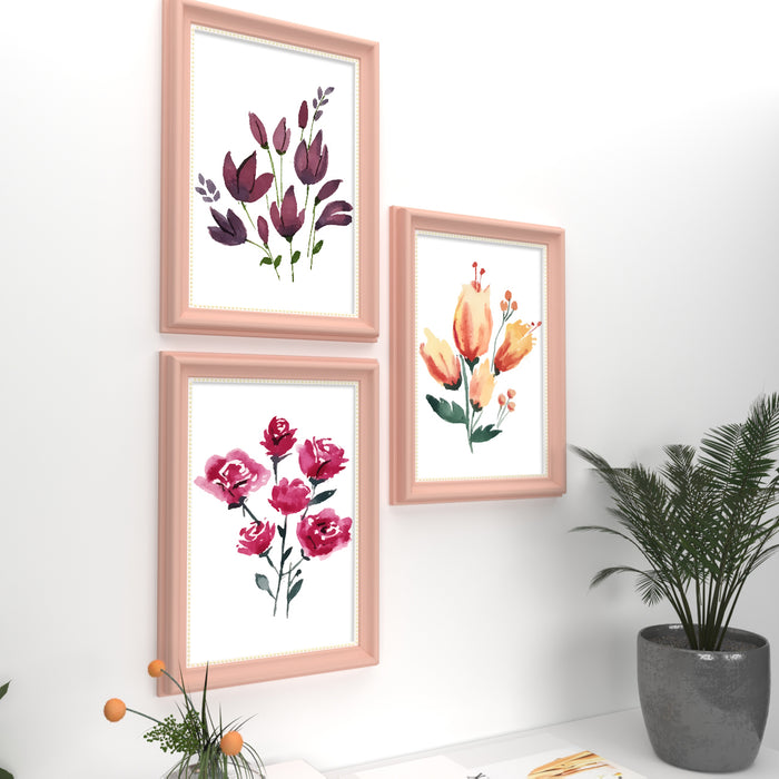 Set of 3 Wall Arts for Home Décor Pink, Violet, Peach Flowers Pink Framed Art Print Wall and Living Room Décoration (Size - 10 x 14 Inchs)