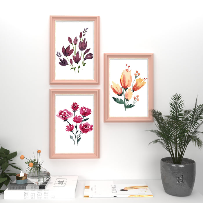 Set of 3 Wall Arts for Home Décor Pink, Violet, Peach Flowers Pink Framed Art Print Wall and Living Room Décoration (Size - 10 x 14 Inchs)