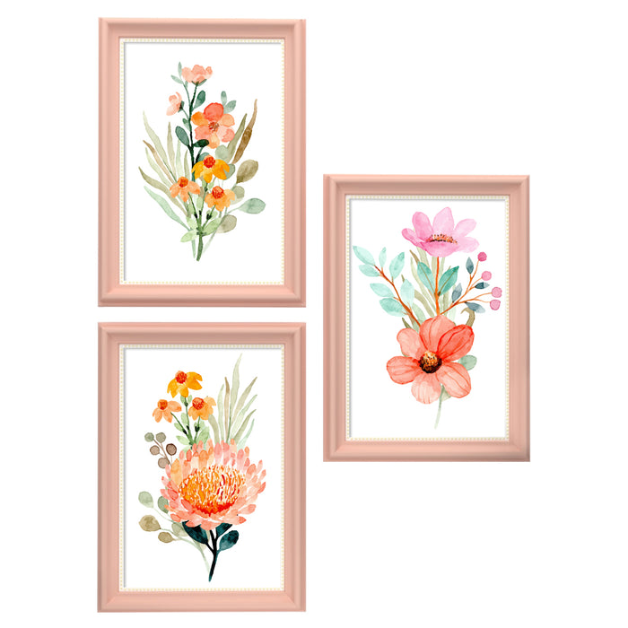 Set of 3 Wall Arts for Home Décor Peach & Yellow Floral Pink Framed Art Prints for Wall and Living Room Décoration (Size - 10 x 14 Inchs)