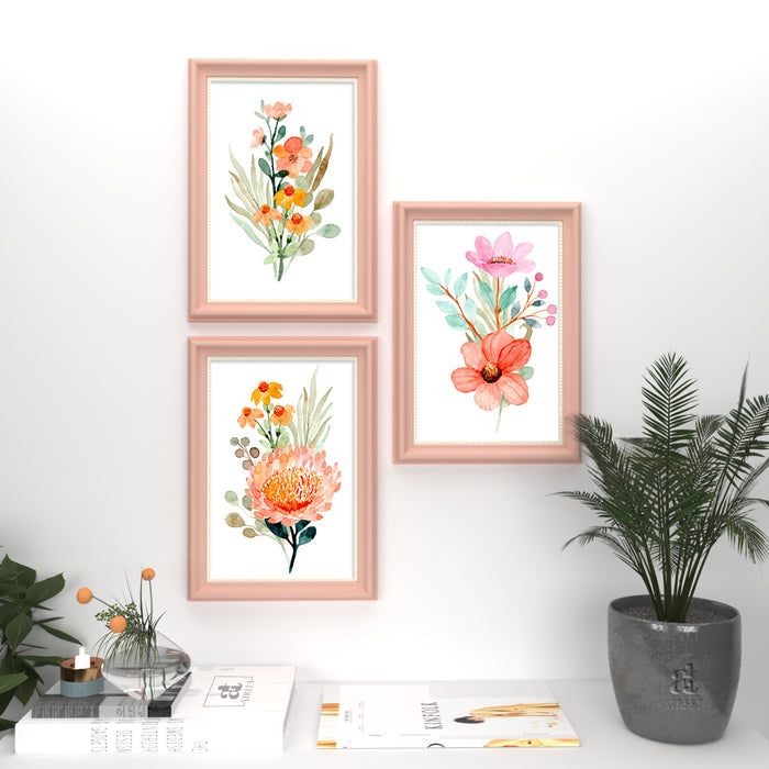 Set of 3 Wall Arts for Home Décor Peach & Yellow Floral Pink Framed Art Prints for Wall and Living Room Décoration (Size - 10 x 14 Inchs)