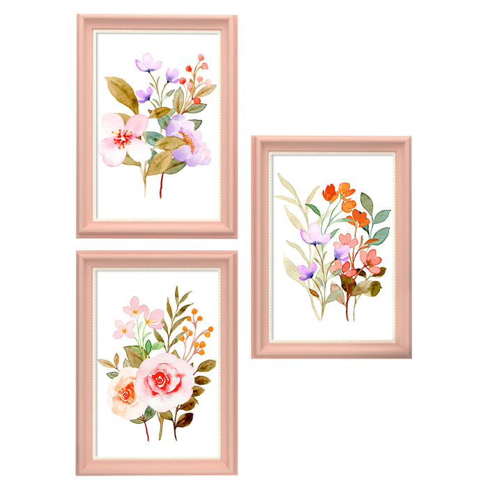 Set of 3 Wall Arts for Home Décor Pink & Violet Flowers Pink Framed Art Prints for Wall and Living Room Décoration (Size - 10 x 14 Inchs)