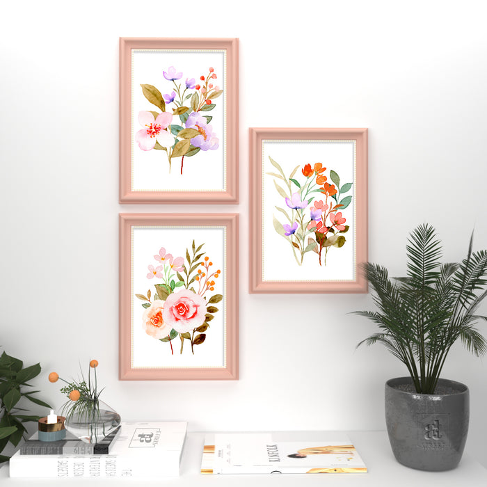 Set of 3 Wall Arts for Home Décor Pink & Violet Flowers Pink Framed Art Prints for Wall and Living Room Décoration (Size - 10 x 14 Inchs)