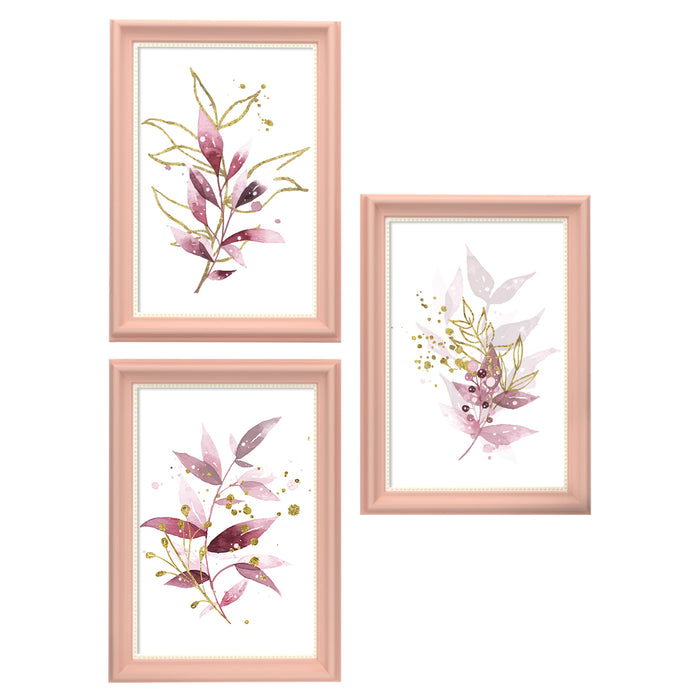 Set of 3 Wall Arts for Home Décor Violet Leaves Pink Framed Art Prints for Wall and Living Room Décoration (Size - 10 x 14 Inchs)