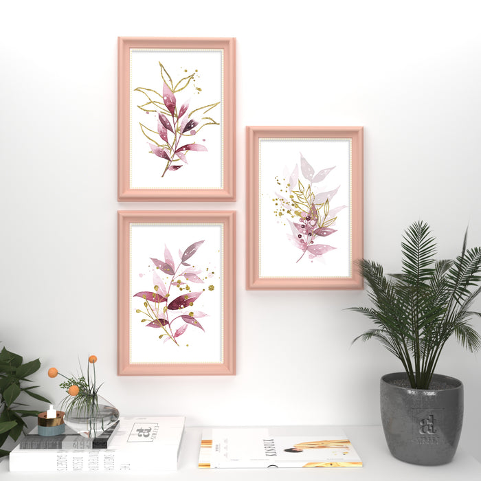 Set of 3 Wall Arts for Home Décor Violet Leaves Pink Framed Art Prints for Wall and Living Room Décoration (Size - 10 x 14 Inchs)