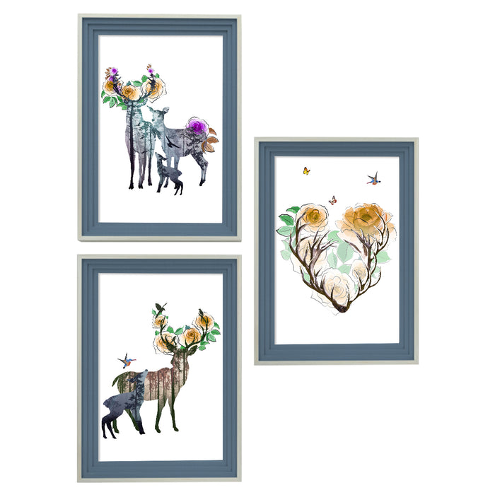 Set of 3 Wall Arts for Home Décor Animal Theme Pink Framed Art Prints for Wall and Living Room Décoration (Size - 10 x 14 Inchs)