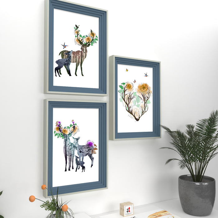 Art Street Set of 3 Wall Arts for Home Décor Animal Deer Theme Blue Framed Art Prints for Wall and Living Room Décoration (Size - 10 x 14 Inchs)