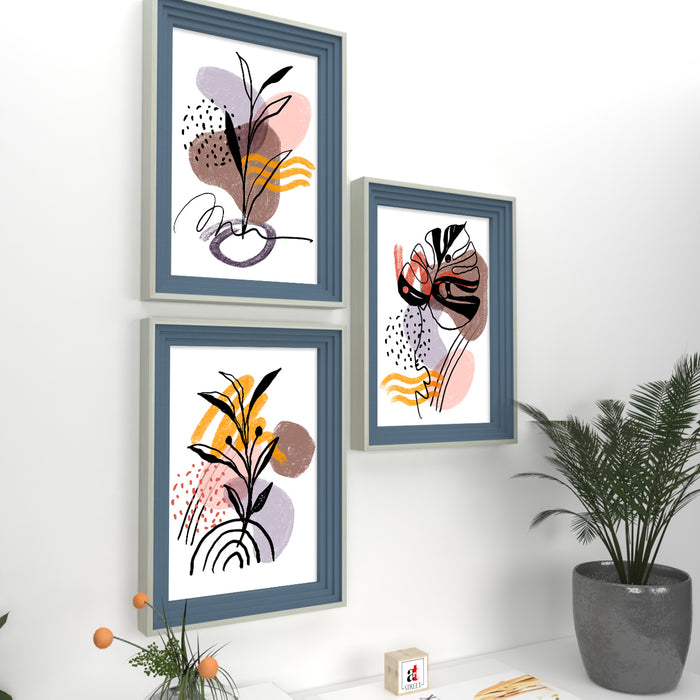 Set of 3 Wall Arts for Home Décor Black Leaves Petals Pink Framed Art Prints for Wall and Living Room Décoration (Size - 10 x 14 Inchs)