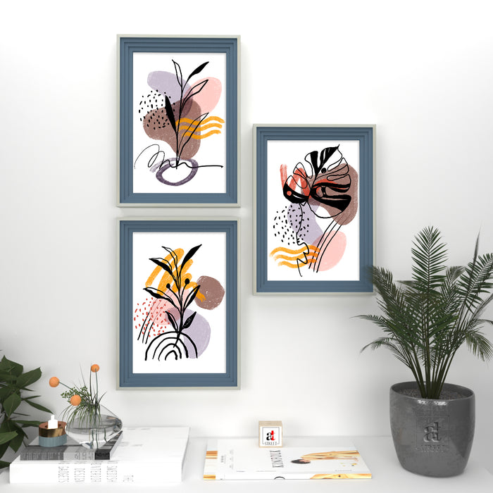 Set of 3 Wall Arts for Home Décor Black Leaves Petals Pink Framed Art Prints for Wall and Living Room Décoration (Size - 10 x 14 Inchs)