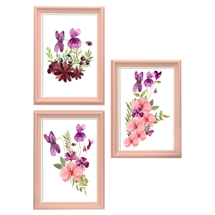Set of 3 Wall Arts for Home Décor Pink, Violet & Purple Flowers Pink Framed Art Prints (Size - 10 x 14 Inchs)