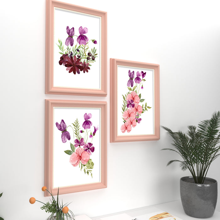 Set of 3 Wall Arts for Home Décor Pink, Violet & Purple Flowers Pink Framed Art Prints (Size - 10 x 14 Inchs)
