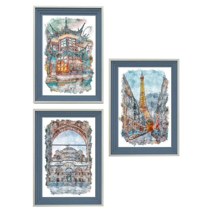 Set of 3 Wall Arts for Home Décor City Theme Blue Framed Art Prints for Wall and Living Room Décoration (Size - 10 x 14 Inchs)