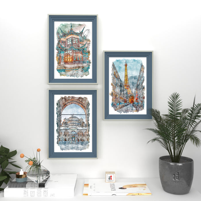 Set of 3 Wall Arts for Home Décor City Theme Blue Framed Art Prints for Wall and Living Room Décoration (Size - 10 x 14 Inchs)