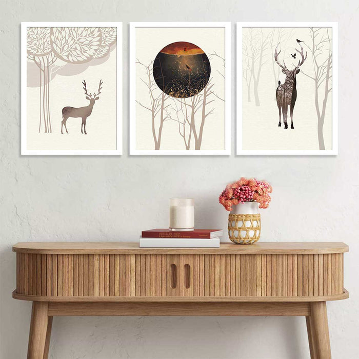 Set of 3 Auspicious Deer Framed Art Print For Home Décor