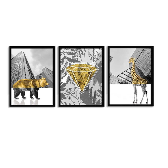Set of 3 Mid Night Gold Animal Theme Framed Art Print For Home Décor, Prints in Mixed Style