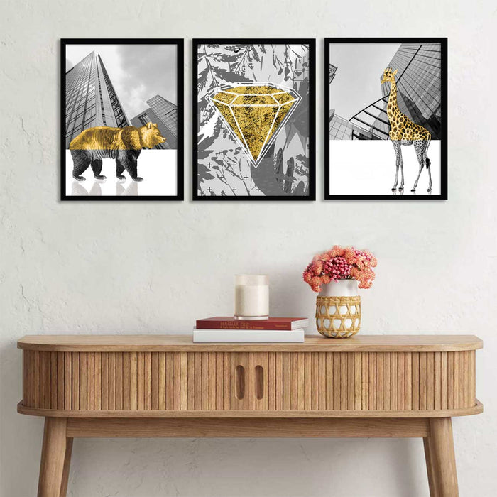 Set of 3 Mid Night Gold Animal Theme Framed Art Print For Home Décor, Prints in Mixed Style