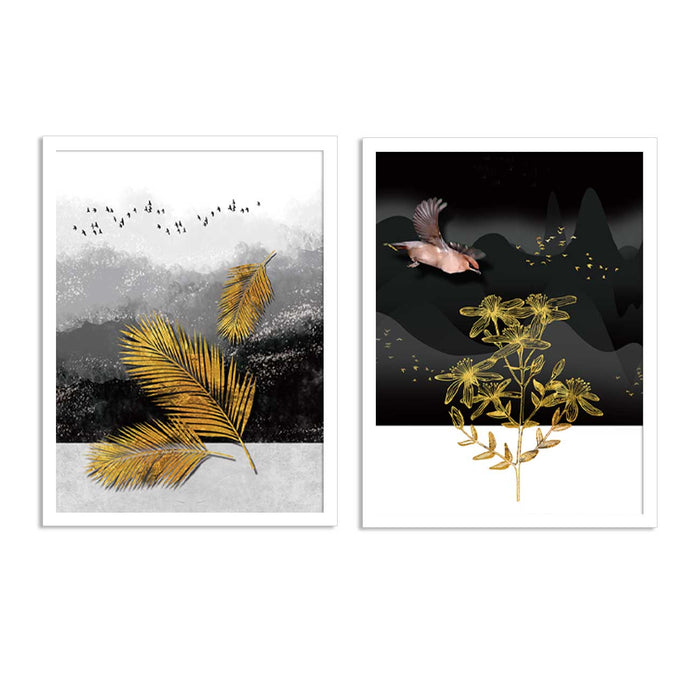Set of 2 Mid Night gold Twig Theme Framed Art Print For Home Décor