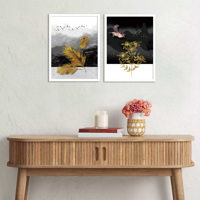 Set of 2 Mid Night gold Twig Theme Framed Art Print For Home Décor