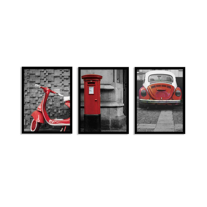 Set of 3 Cranberry Red Retro Style Vintage Vehicle Framed Art Print For Home Décor