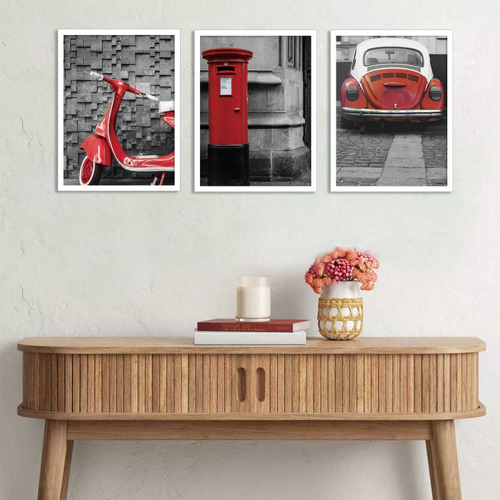 Set of 3 Cranberry Red Retro Style Vintage Vehicle Framed Art Print For Home Décor